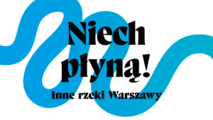 grafika, na białym tle niebieski gruby zygzak przypominający rzekę, niebieski stopniowo kolor się rozjaśnia, na środku duży czarny napis niech płyną, poniżej mniejszy czarny napis inne rzeki warszawy